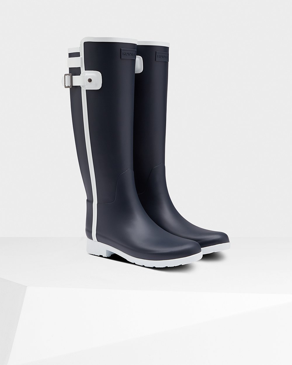 Botas de Lluvia Altas Hunter Mujer - Refined Slim Fit Contrast - Azul Marino/Blancos - EPCIURX-61